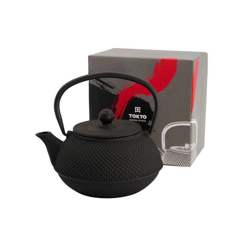 Black Arare cast iron teapot with rounded handle and Tokyo Design Studio presentation box