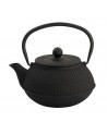 Black cast iron teapot with rounded handle and textured arare pattern surface