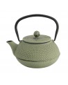 Groene gietijzeren theepot met zwarte handgreep en gestructureerd oppervlak 80 cl