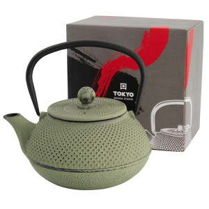 Green 80cl cast iron teapot with black handle and Tokyo Design Studio presentation box