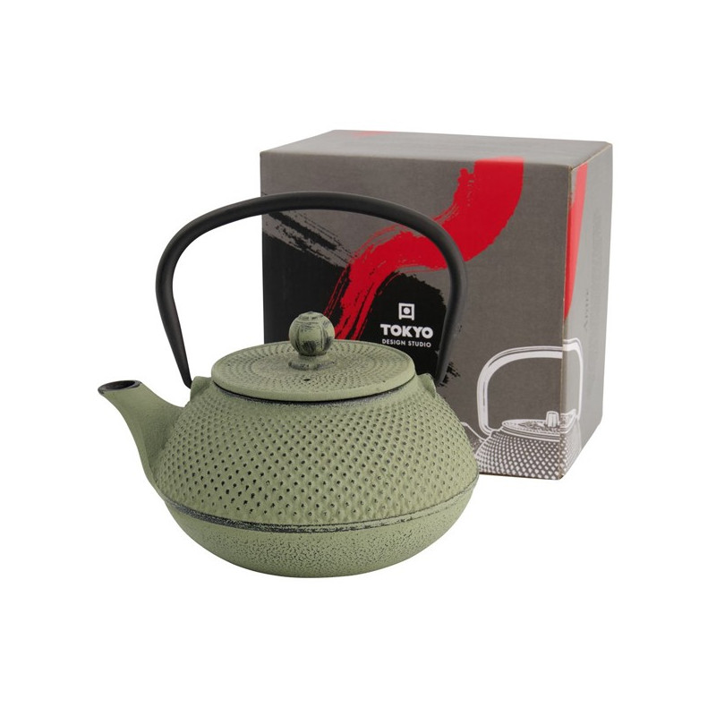 teiera in ghisa verde 80cl con manico nero e scatola di presentazione Tokyo Design Studio