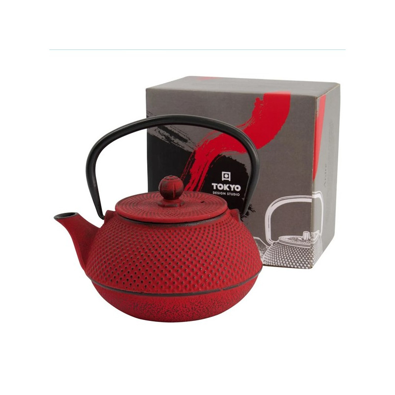 théière en fonte rouge 80cl avec poignée noire et boîte de présentation Tokyo Design Studio