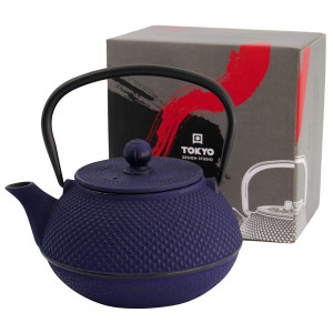 Gusseiserne Teekanne Arare Blau 80 ml mit schwarzem Griff und Präsentationsbox von Tokyo Design Studio