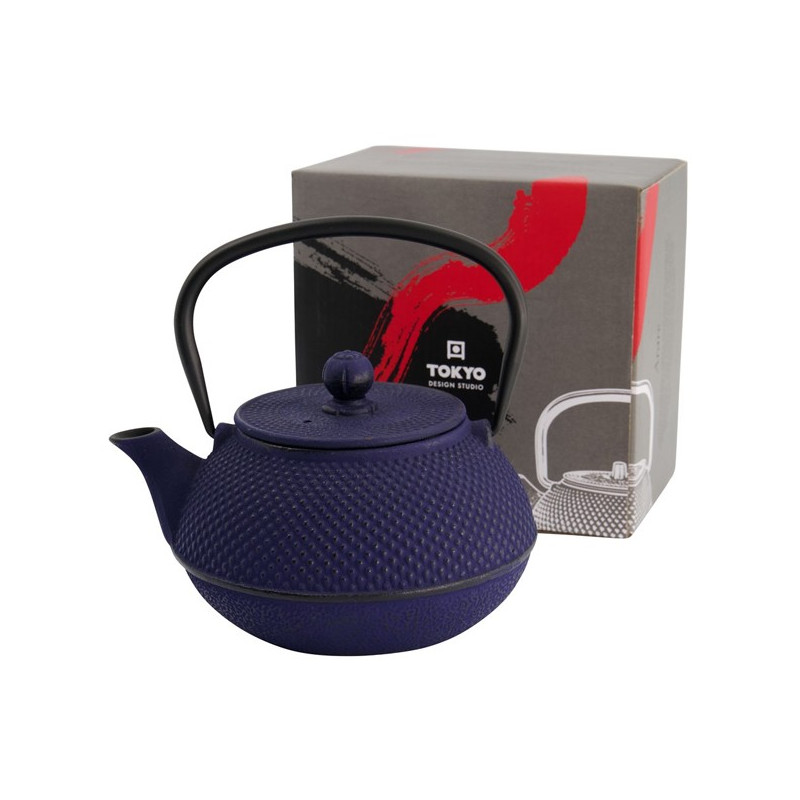 Blue Arare 80cl cast iron teapot with black handle and Tokyo Design Studio presentation box