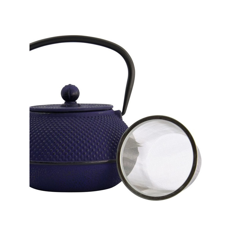 Blauwe gietijzeren theepot met roestvrijstalen theezeef capaciteit 80 cl traditioneel Japans design