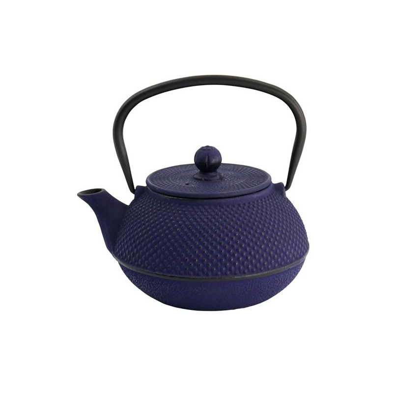 Gusseiserne Teekanne Arare 80cl in Blau mit schwarzem Griff und strukturierter Punktoberfläche