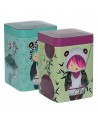 Metal boxes decorated with characters in animal costumes with plant and geometric patterns