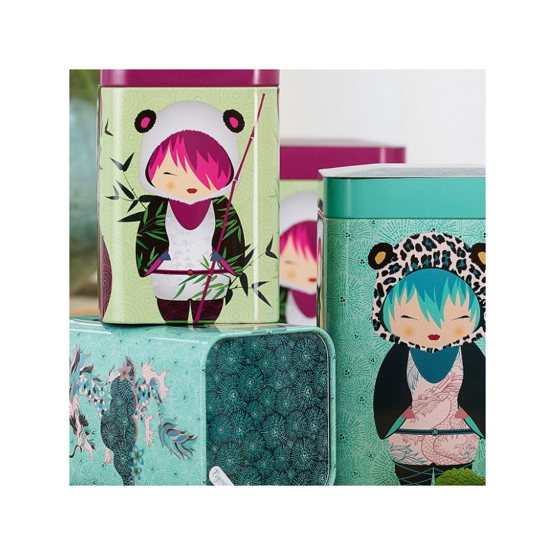 Animals tea boxes with colorful illustrations of characters in animal costumes on green and purple background