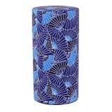 Cilindrische washi-doos met blauw en zwart waaiermotief voor opslag van thee of kostbare voorwerpen