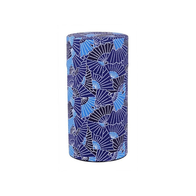 Zylindrische Schachteln aus Washi mit Motiv blauer und schwarzer Fächer zum Aufbewahren von Tee oder wertvollen Gegenständen