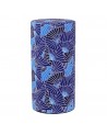 Cylindrical washi box with blue and black fan pattern for tea or precious objects storage