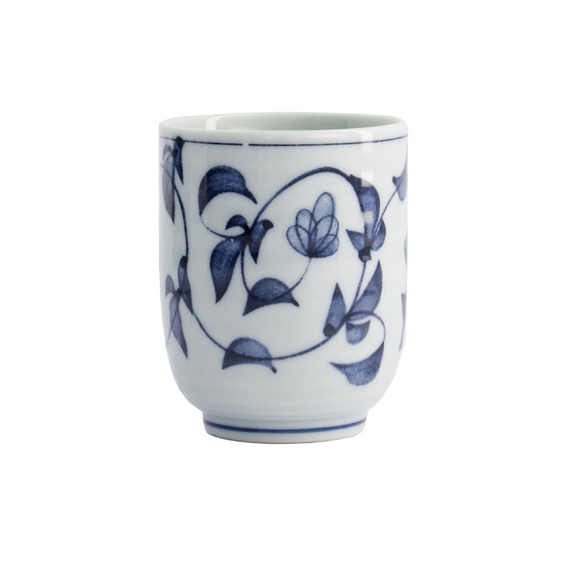 tasse en porcelaine blanche décor bleu motif fleurs et feuilles pivoine 16 cl