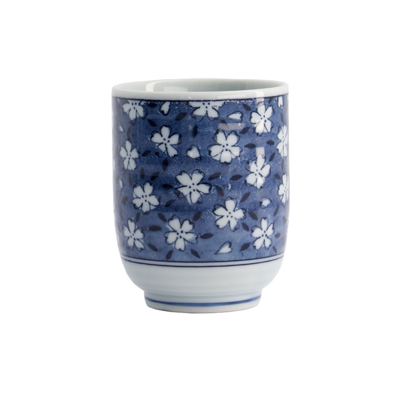 tasse en porcelaine bleu blanc motif fleurs de sakura 16cl