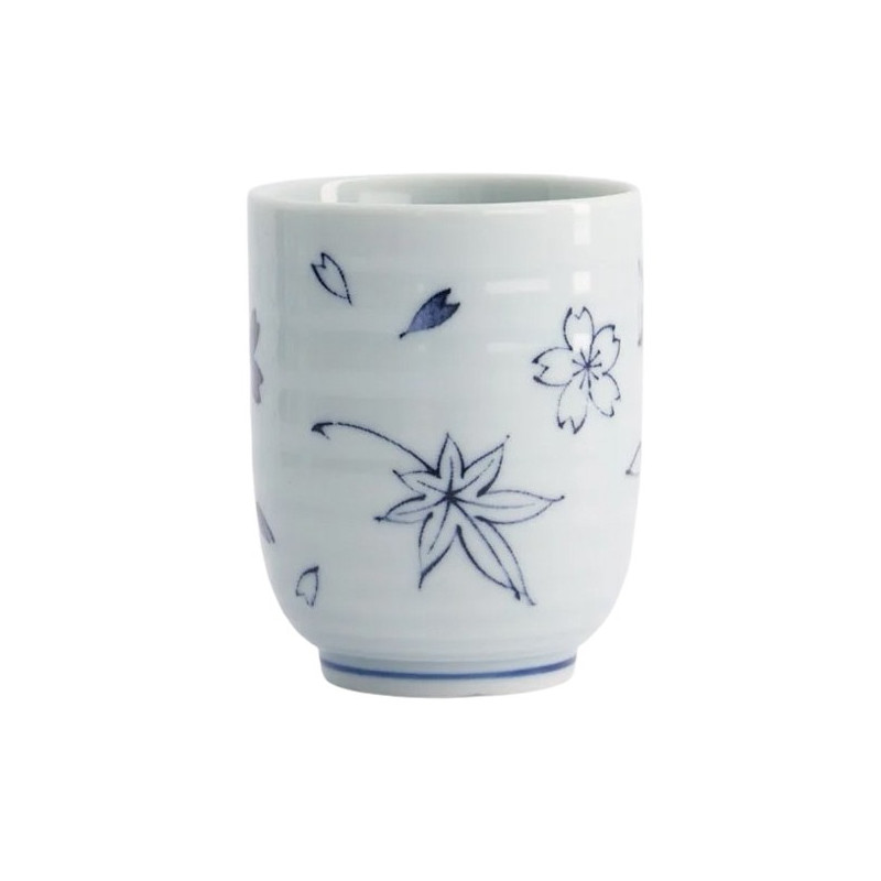 Tasse en porcelaine blanche motifs feuilles d'érable et fleurs bleues 16 cl Thés & Traditions