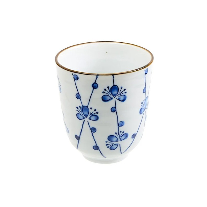 Tasse en porcelaine blanche décor fleurs bleues et liseré doré capacité 16 cl