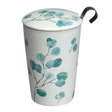 Porseleinen theemok met eucalyptusblad-motief en deksel met zwart metalen handvat