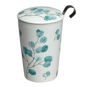 Porseleinen theemok met eucalyptusblad-motief en deksel met zwart metalen handvat