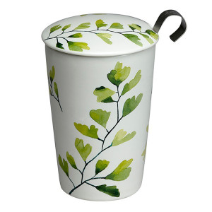 Kräuterteekanne aus Porzellan mit grünem Ginkgo-Blatt-Motiv und Deckel mit schwarzem Metallgriff