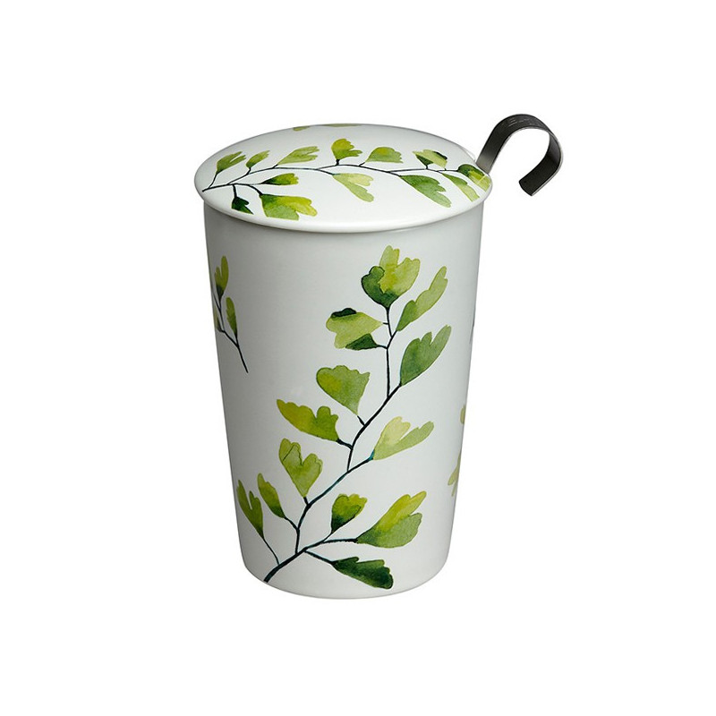 Kräuterteekanne aus Porzellan mit grünem Ginkgo-Blatt-Motiv und Deckel mit schwarzem Metallgriff