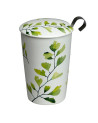 Porcelain tea infuser with green ginkgo leaves pattern and lid with black metal handle