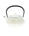 Théière en fonte blanche Iwashu Kikko 900ml avec anse noire et motifs hexagonaux ajourés