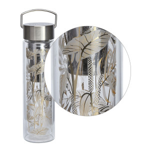 Glazen theepot met infuser en tropische bladmotieven en roestvrijstalen deksel met metalen handgreep