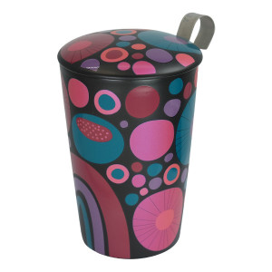 Tazza infusore in ceramica nera motivi colorati cerchi e fiori con coperchio e manico metallico