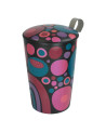 Black ceramic tea infuser mug colorful patterns circles and flowers with lid and metal handle