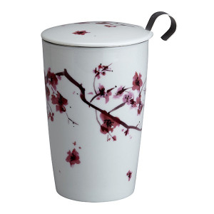 Weiße Porzellan-Teekanne mit rosa Kirschblüten-Dekor, Deckel und Metallgriff