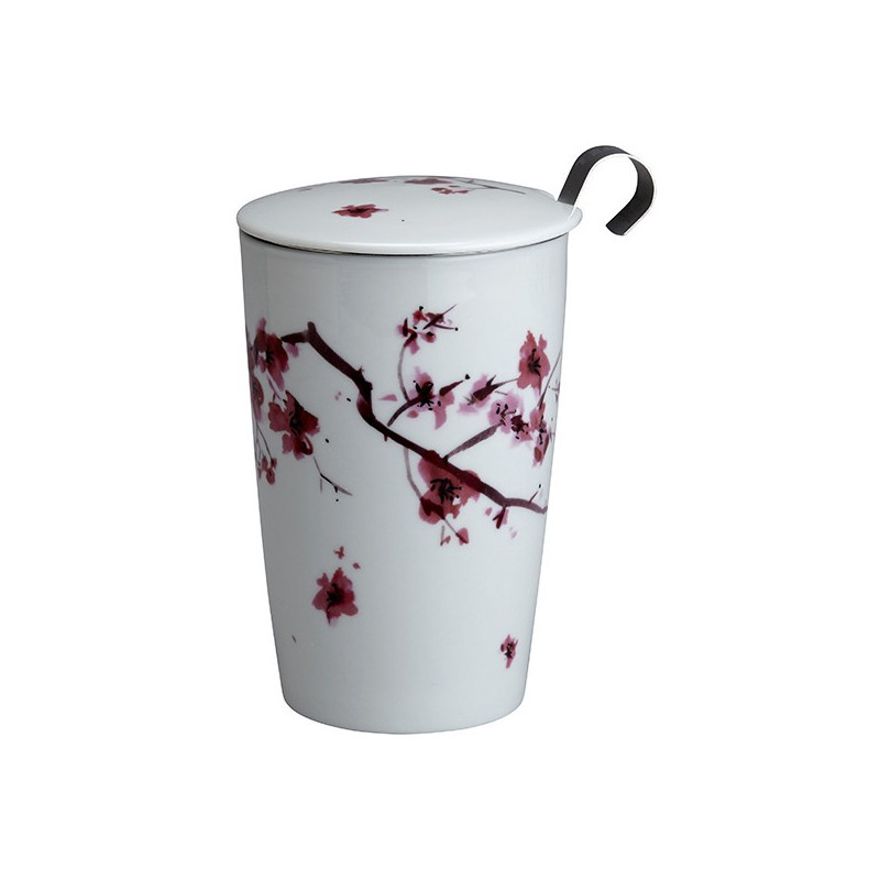 Weiße Porzellan-Teekanne mit rosa Kirschblüten-Dekor, Deckel und Metallgriff