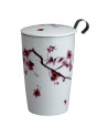 Tazza infusore in porcellana bianca decorata con fiori di ciliegio rosa con coperchio e manico metallico