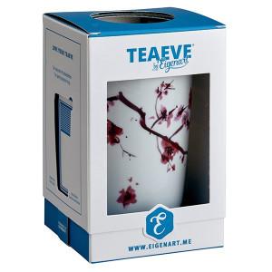 Weiße Teekanneemit Kirschblütenzweig-Motiv, Verpackung in Blau und Weiß