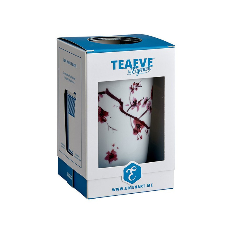 Tazza infusore bianca decorata con ramo di ciliegio in fiore confezione in cartone blu e bianco