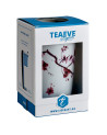White tea infuser mug decorated with cherry blossom branch blue and white cardboard packaging