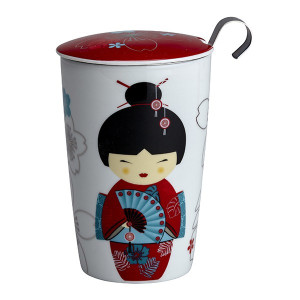 Porseleinen theemok met rood en blauw geisha-motief en rood deksel met metalen handgreep