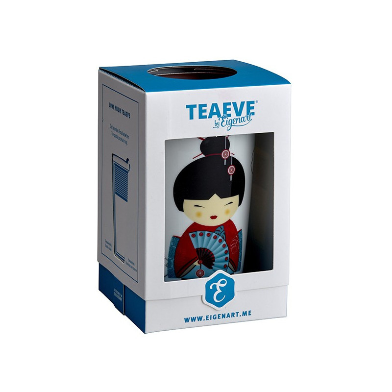 Theemok Little Geisha Red met geisha- en waaiermotief in witte en blauwe kartonnen verpakking