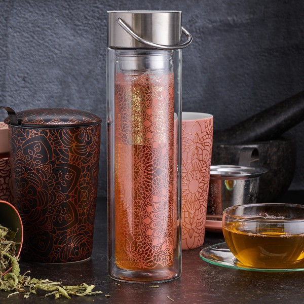 théière en verre avec infuseur mandala motifs floraux couleur cuivre et inox poignée métallique