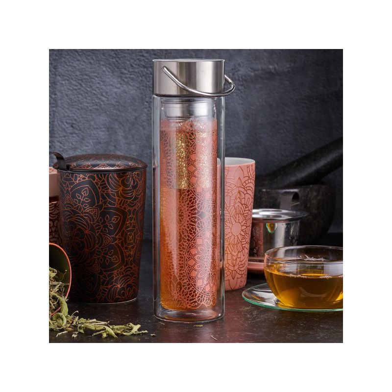 glass teapot with infuser mandala floral patterns copper and stainless steel color metal handle