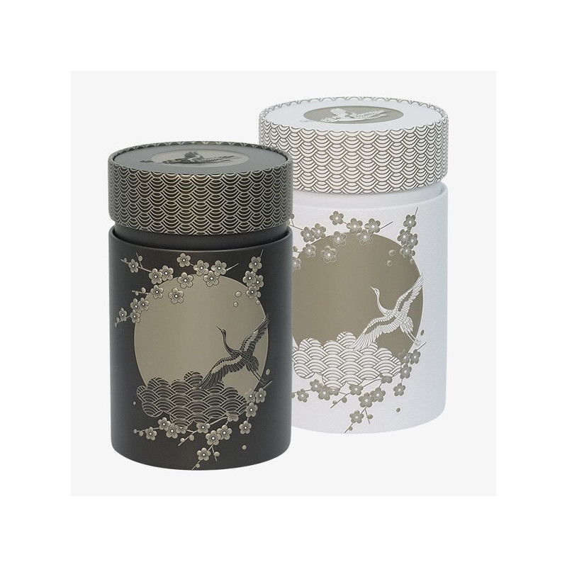 Teedosen Komorebi 150g mit Kirschblüten- und Kranich-Motiv, japanisches Schwarzweiß-Design