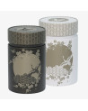 Teedosen Komorebi 150g mit Kirschblüten- und Kranich-Motiv, japanisches Schwarzweiß-Design