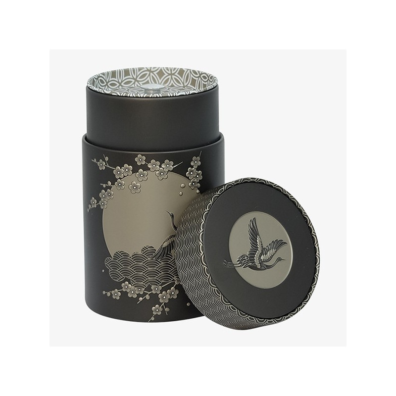 Zwarte theedoos Komorebi met kersenboom en vogel decoratie in traditionele Japanse motieven