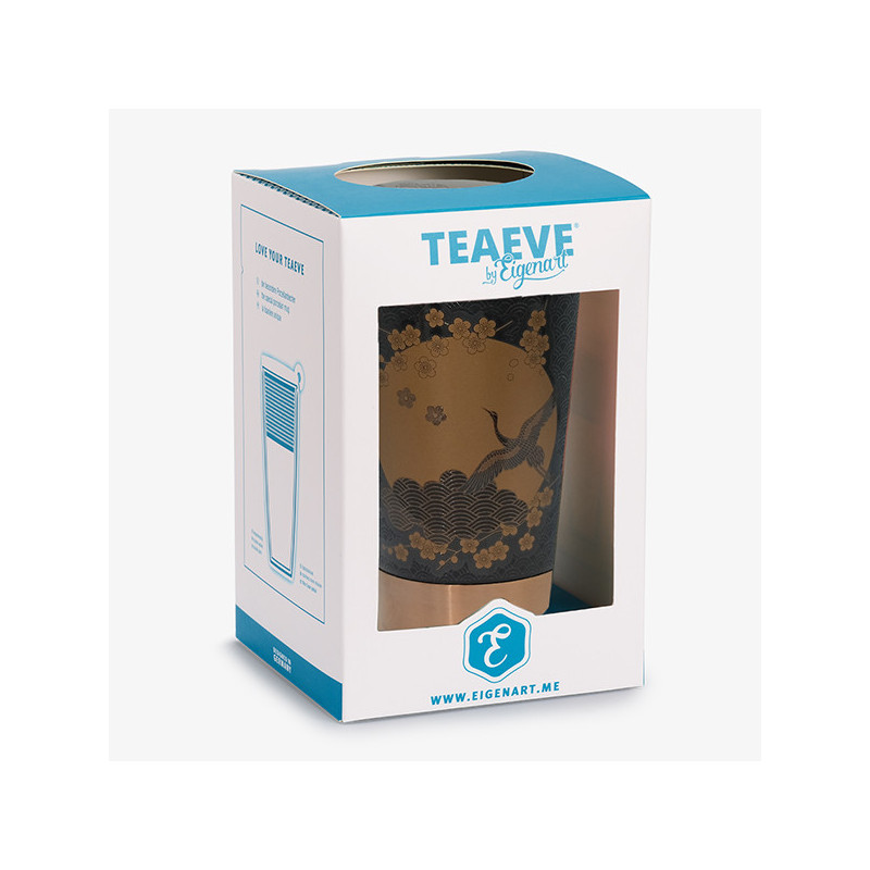 black Komorebi tea infuser with bird and flowers decoration in white and blue packaging