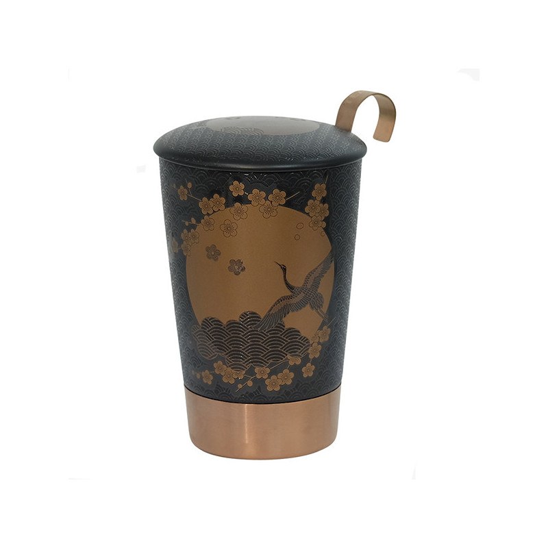 Black Komorebi tea infuser mug with bird and golden flower motif and copper metal base