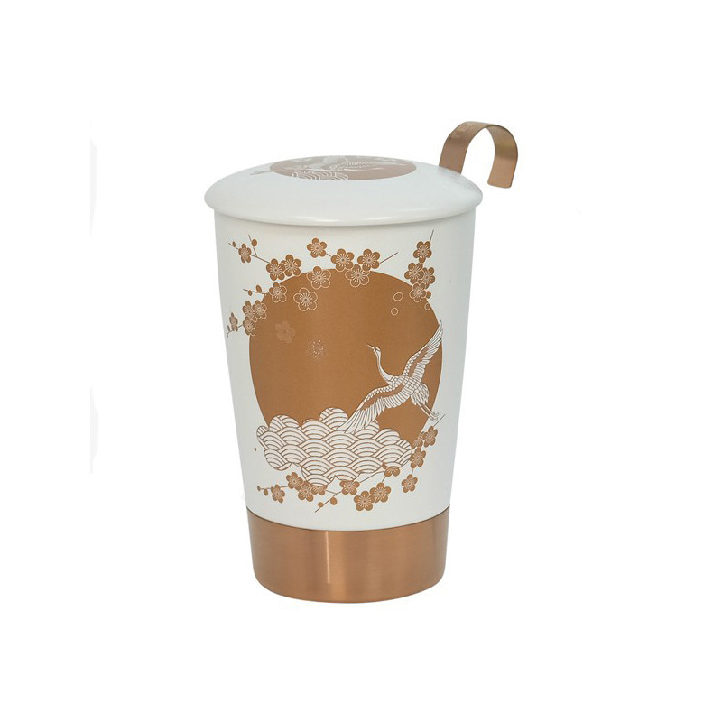 White Komorebi tea infuser mug with bird and flower motif and copper base metal handle
