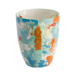 Blauwe keramische mok decor koi karpers en oranje bloemen kawaii stijl