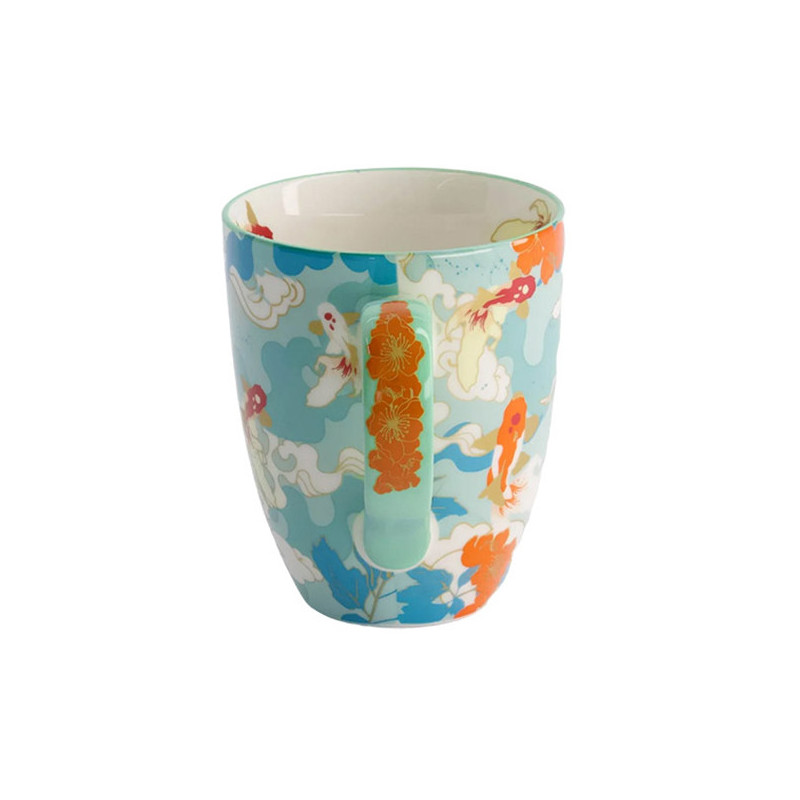 Blauwe keramische mok decor koi karpers en oranje bloemen kawaii stijl