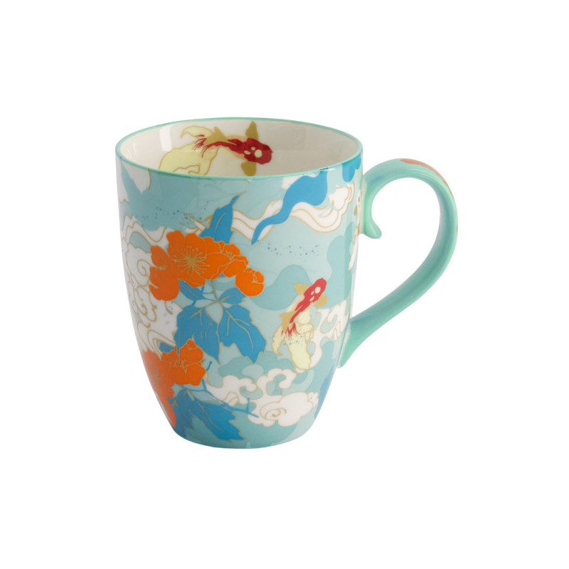 Blauwe keramische mok versierd met goudvissen oranje bloemen en blauwe bladeren kawaii stijl