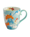 Tazza in ceramica blu decorata con pesci rossi fiori arancioni e foglie blu stile kawaii