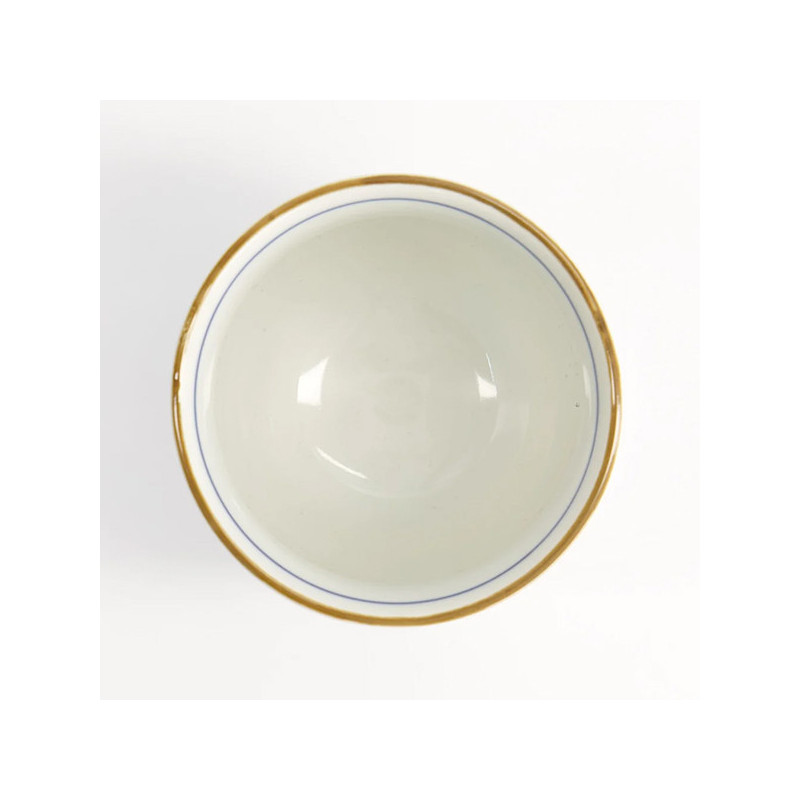 tasse à thé blanche bord doré et fine ligne bleue intérieur lisse ronde