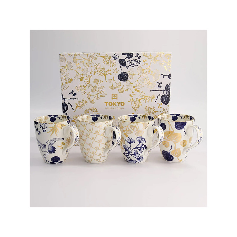 Cofanetto quattro tazze Flora Japonica motivi floreali e dorati con scatola decorativa Tokyo Design Studio